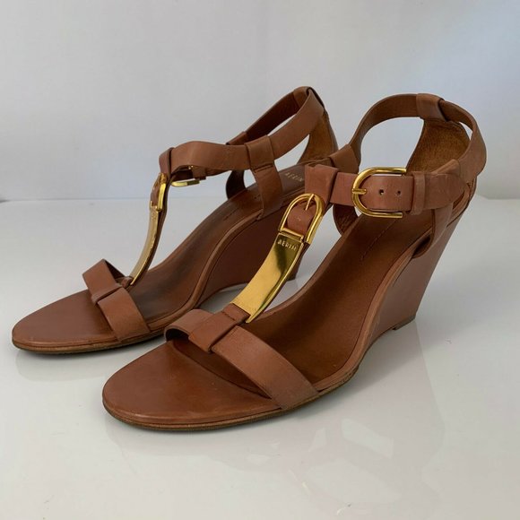 AERIN GEORGICA TAN LEATHER WEDGE SANDALS SIZE 8.5 - Picture 3 of 9